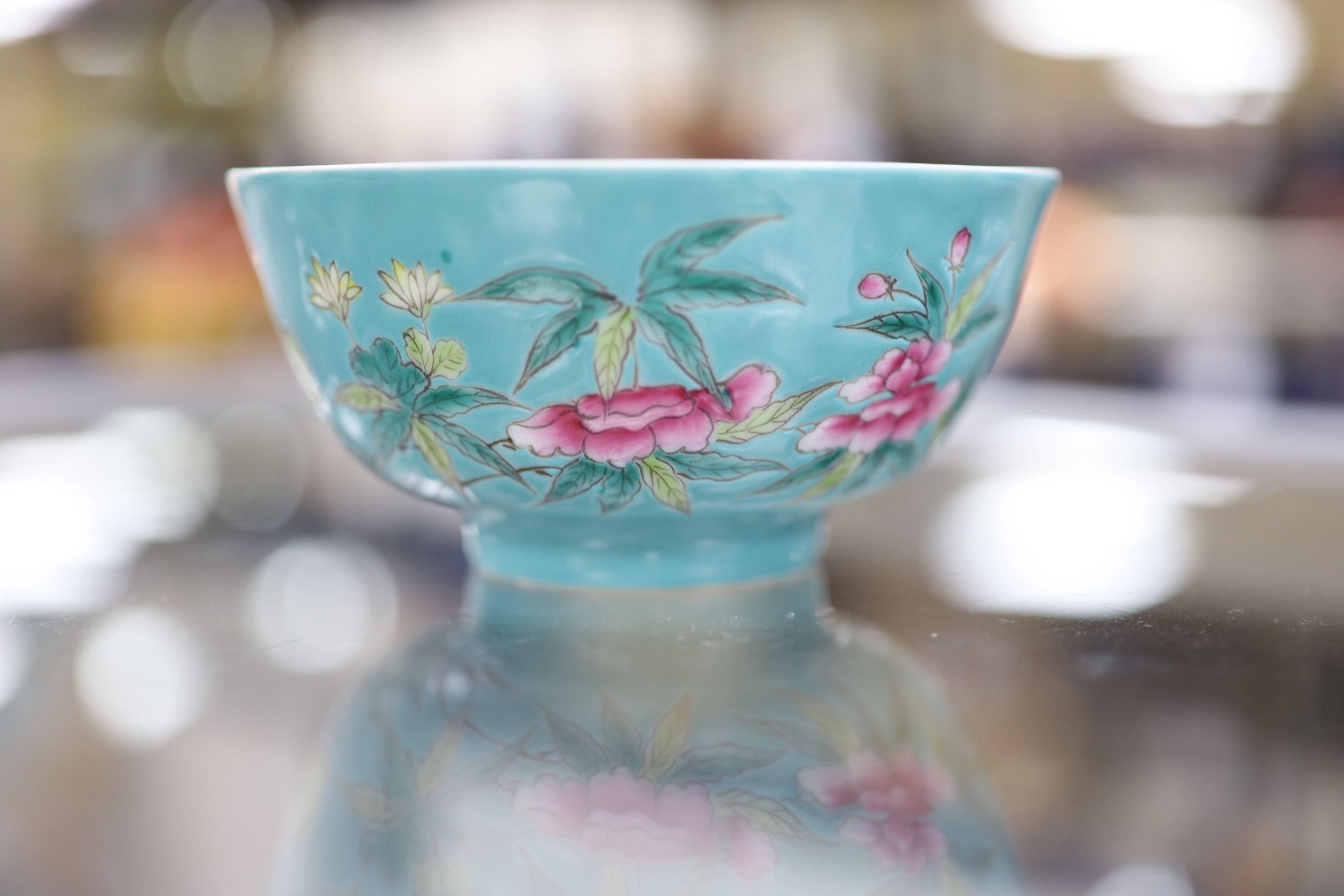 A pair of Chinese turquoise ground bowls, diameter 12cm